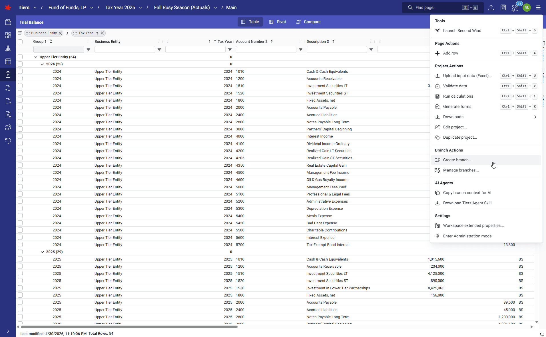 TIERS screenshot showing branching Menu