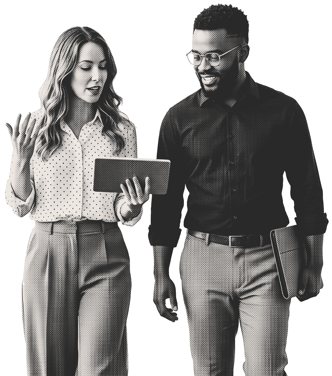 Two colleagues reviewing work together on a laptop, halftone illustration