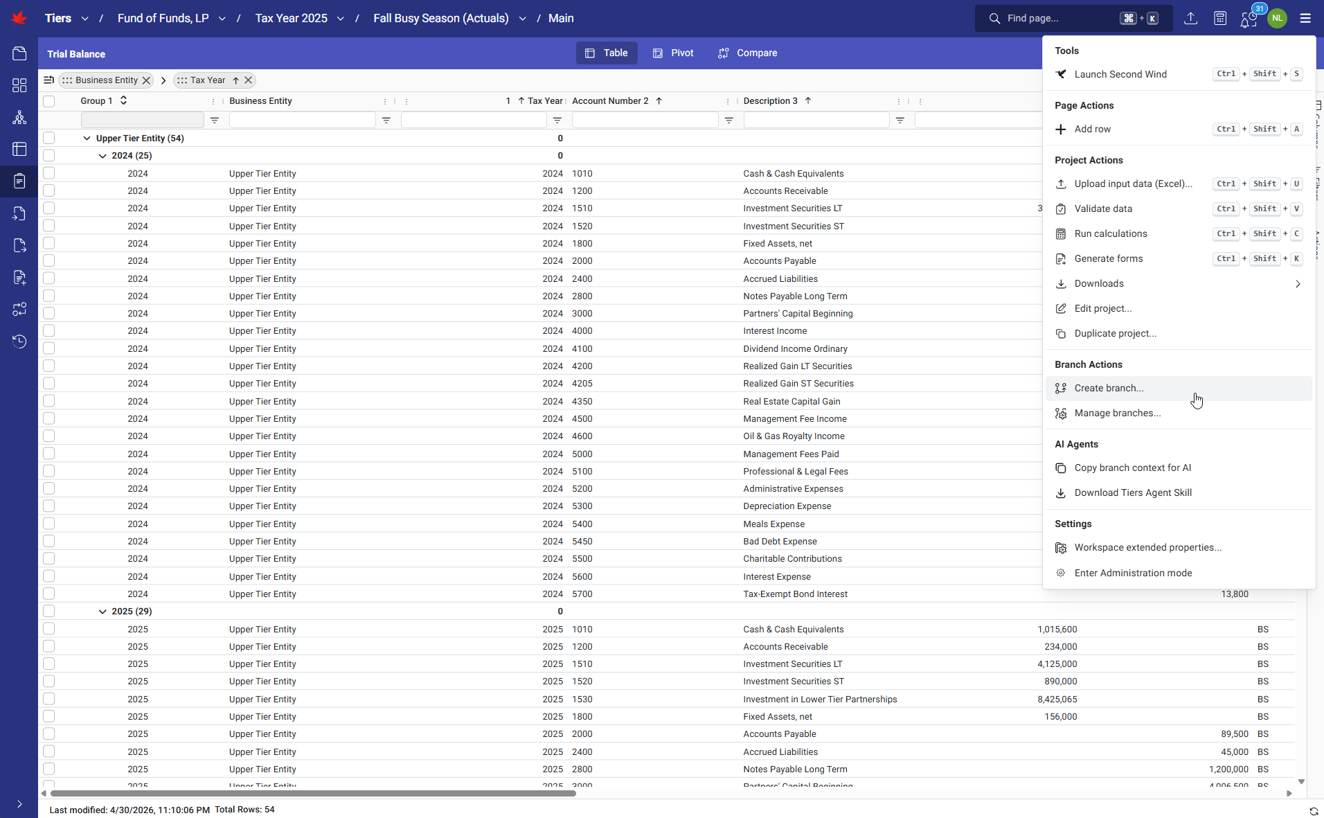 TIERS screenshot showing branching Menu