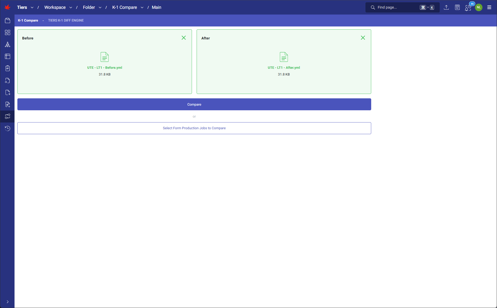 TIERS screenshot showing k-1 Compare YAML Drop or Select