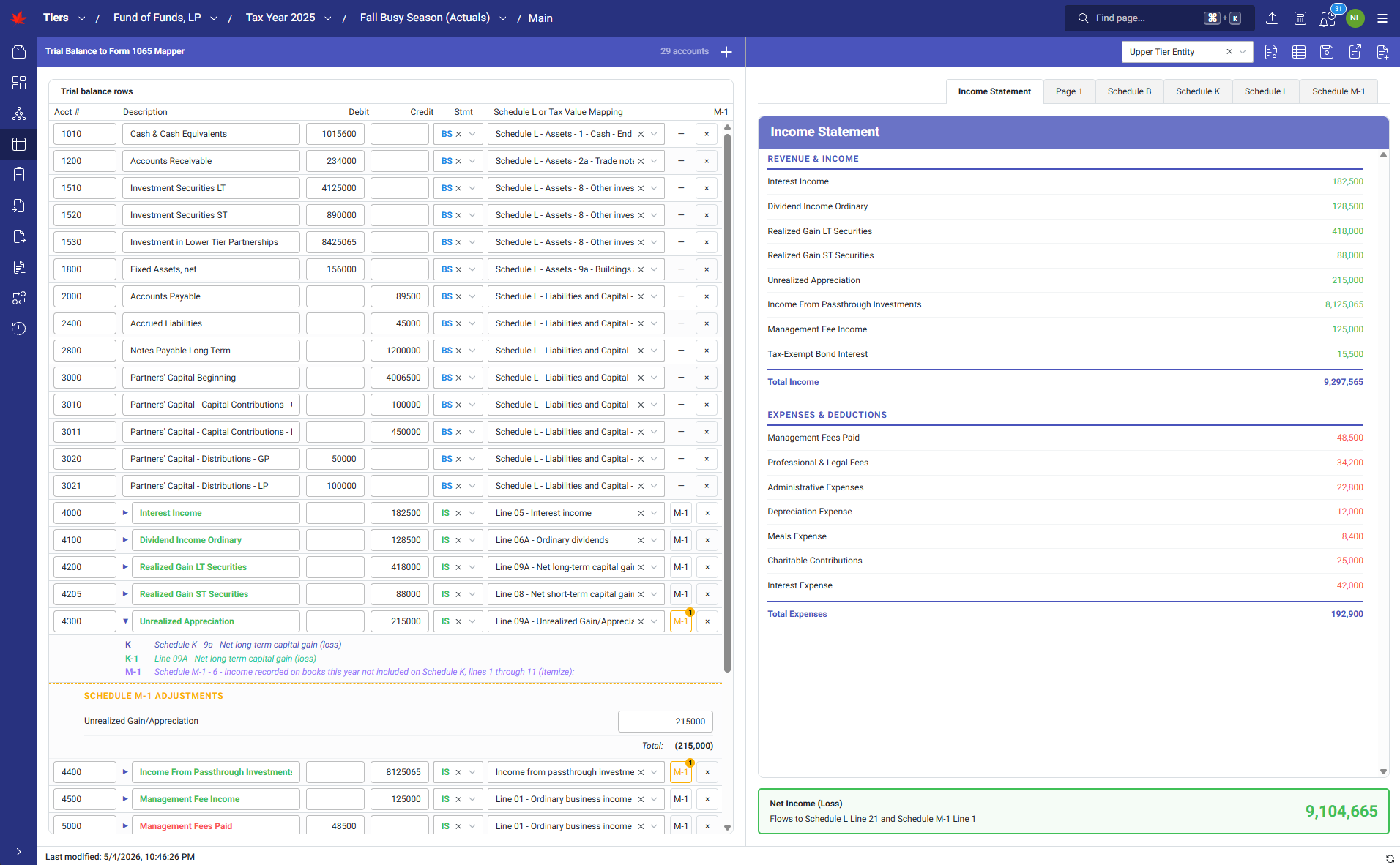 TIERS screenshot showing trial balance Mapped with Mappings and M 1 Adjustments Open Income Statement